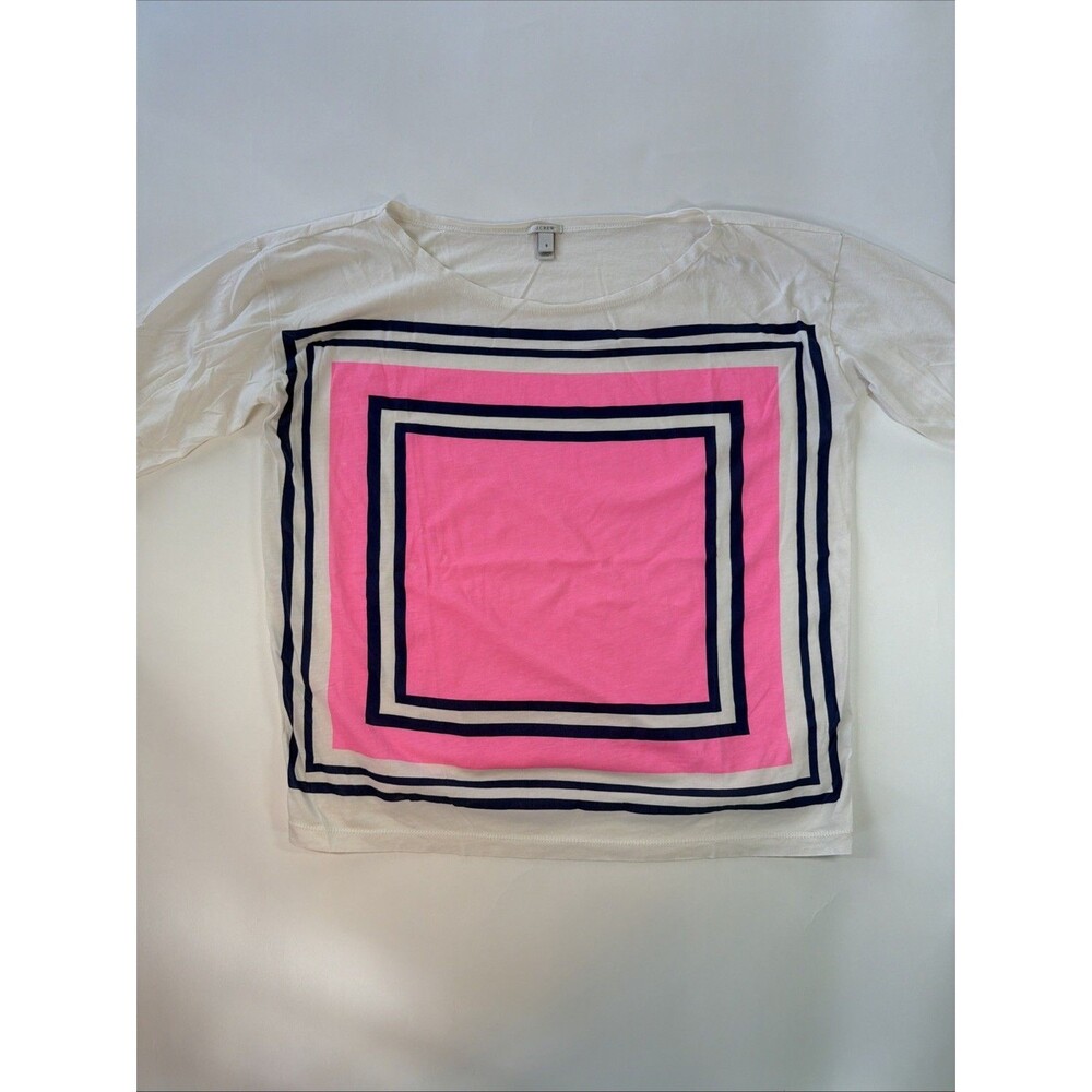 J. Crew White Blouse with Pink and Navy Square Print